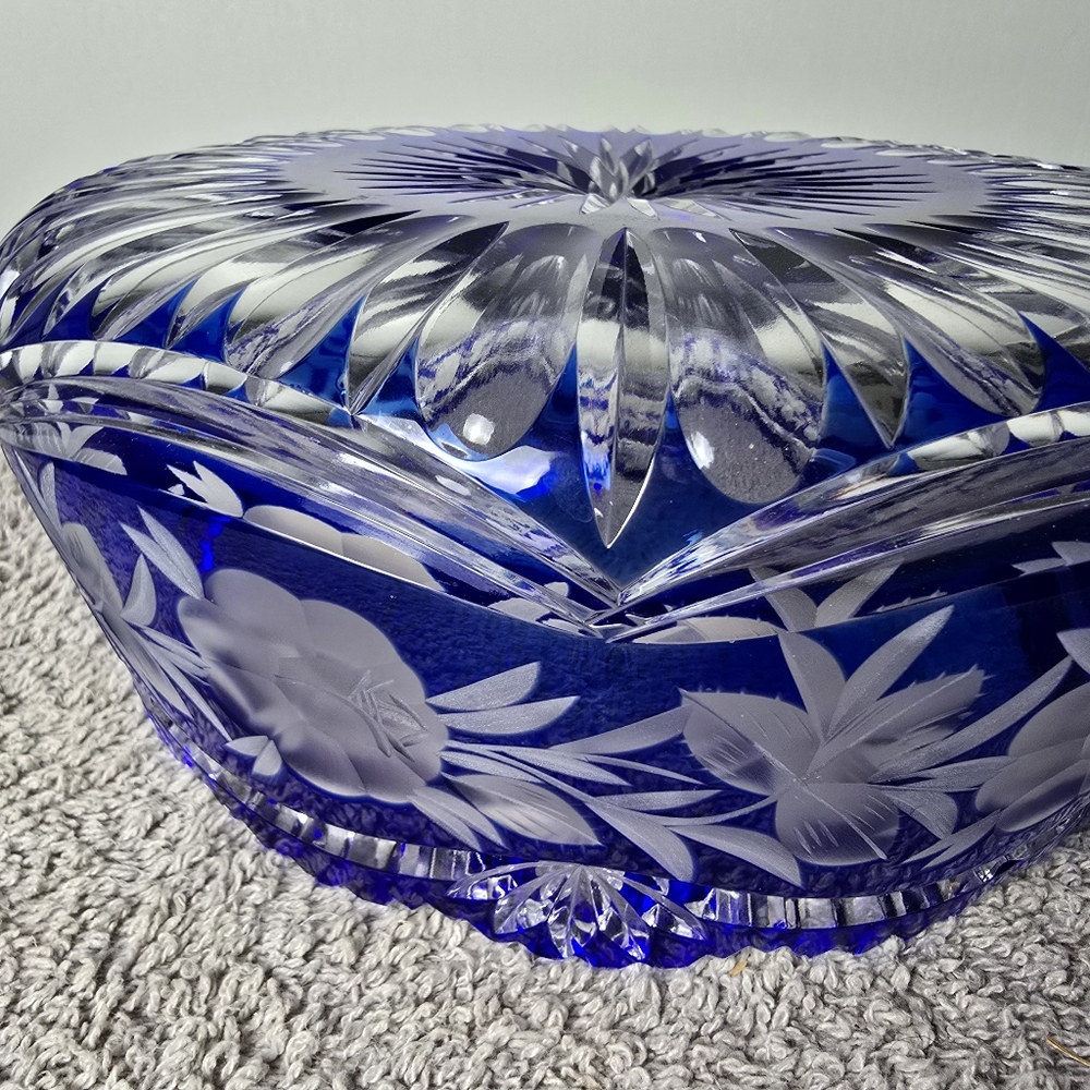 Lausiter Cobalt To Clear Crystal Bowl With Sawtooth Rim - Picture 12 of 12